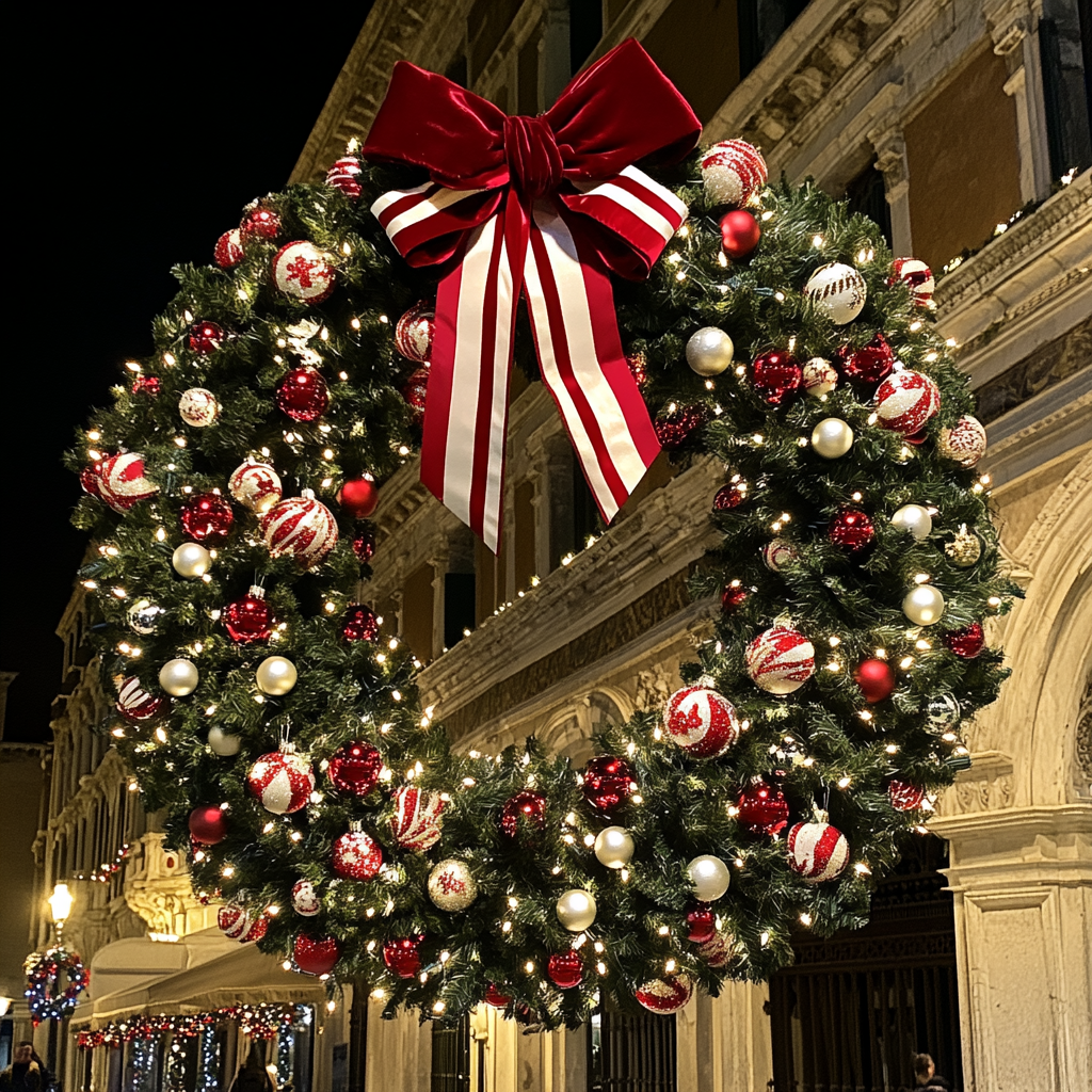 Big Christmas wreath with red white stripes