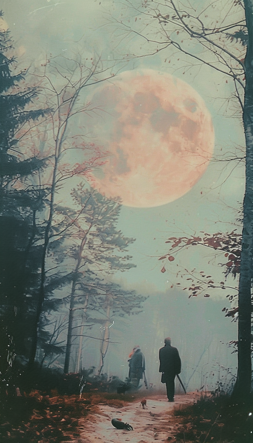 Big moon in forest sky with wolves and crayfish.