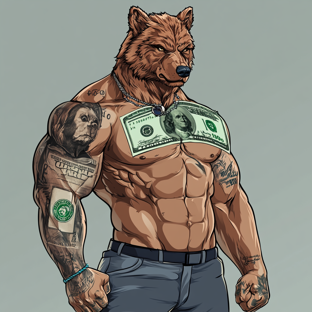 Big muscular wolf man with NYSE, Wall ST tattoos.