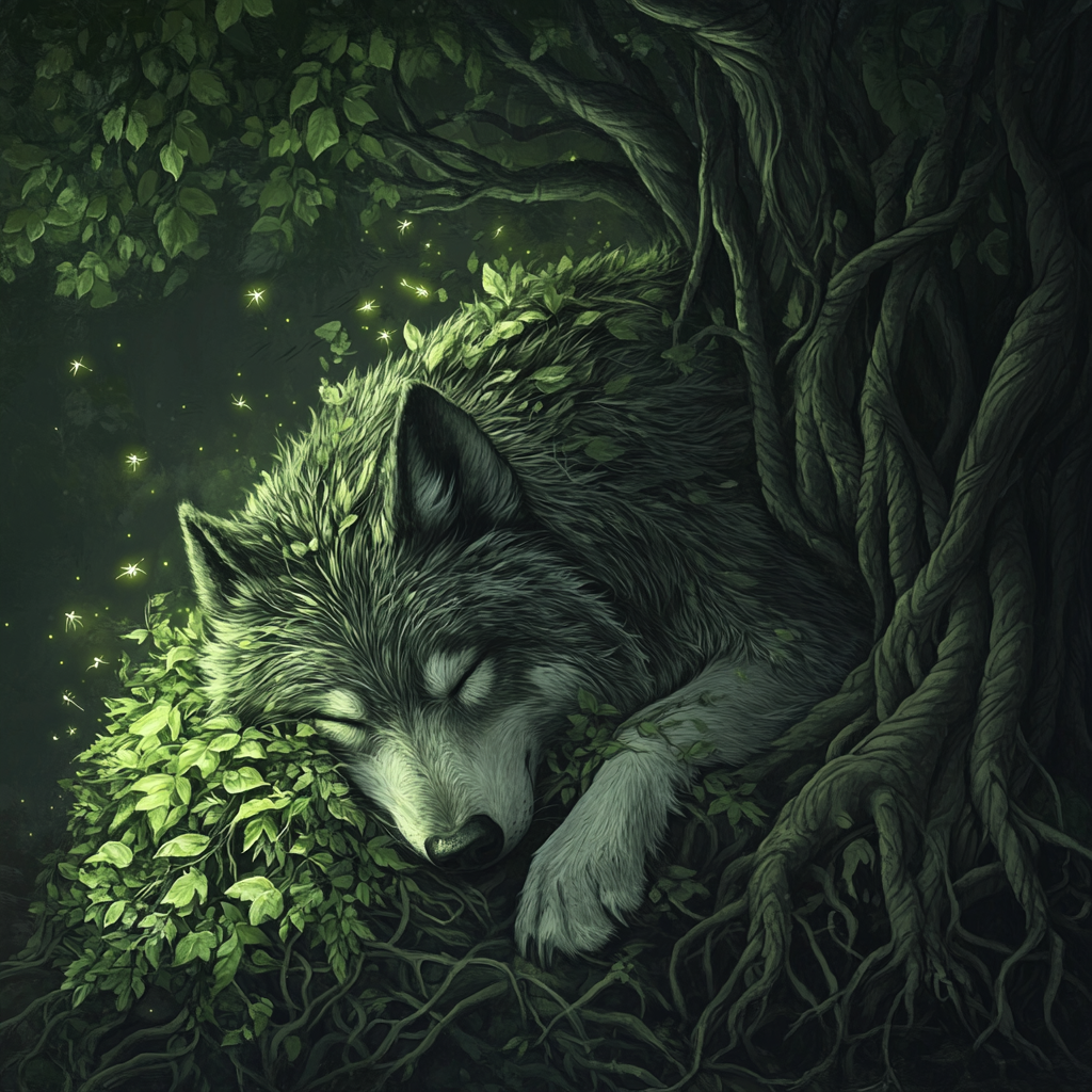 Big wolf sleeping under tree with bugs and leaves.