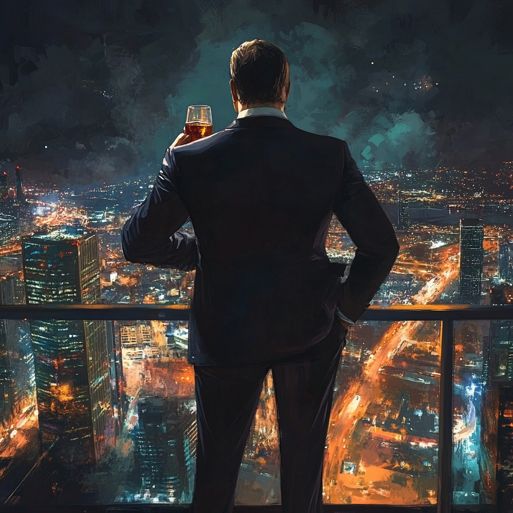 Billionaire CEO looks over city from skyscraper at night.