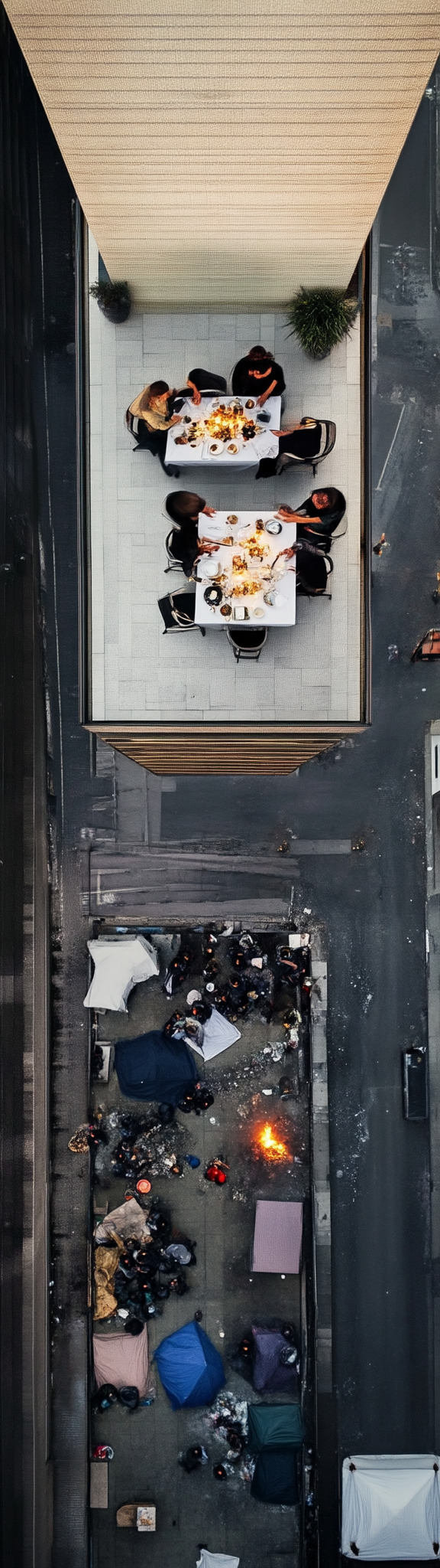 Billionaire couple dining on skyscraper terrace, city streets below.