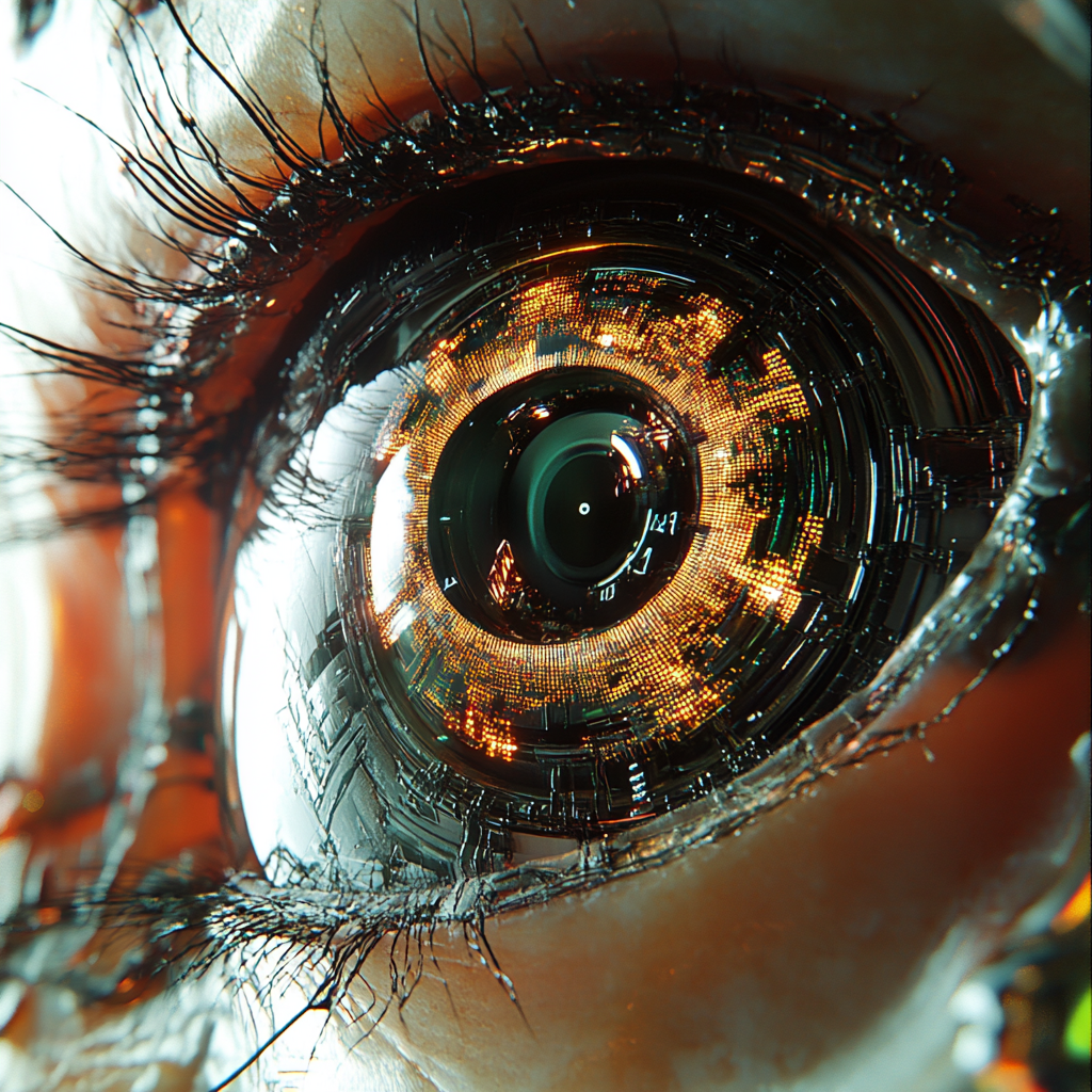 Bio-synthetic creature with LED irises, camera lenses for eyes.