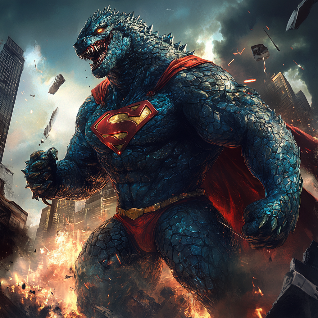 Biological fusion of Superman and Godzilla with blue scales.