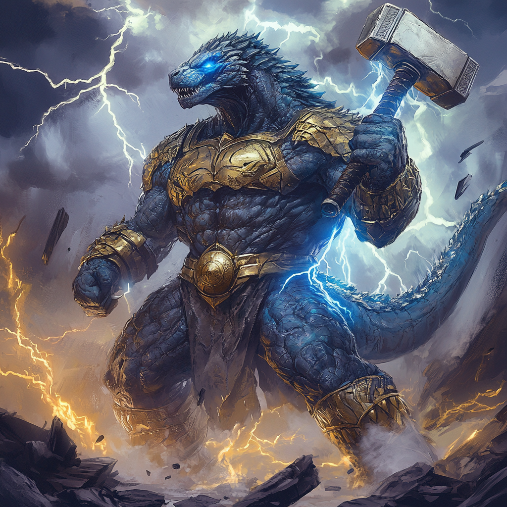 Biological fusion of Thor and Godzilla with enchanted hammer.