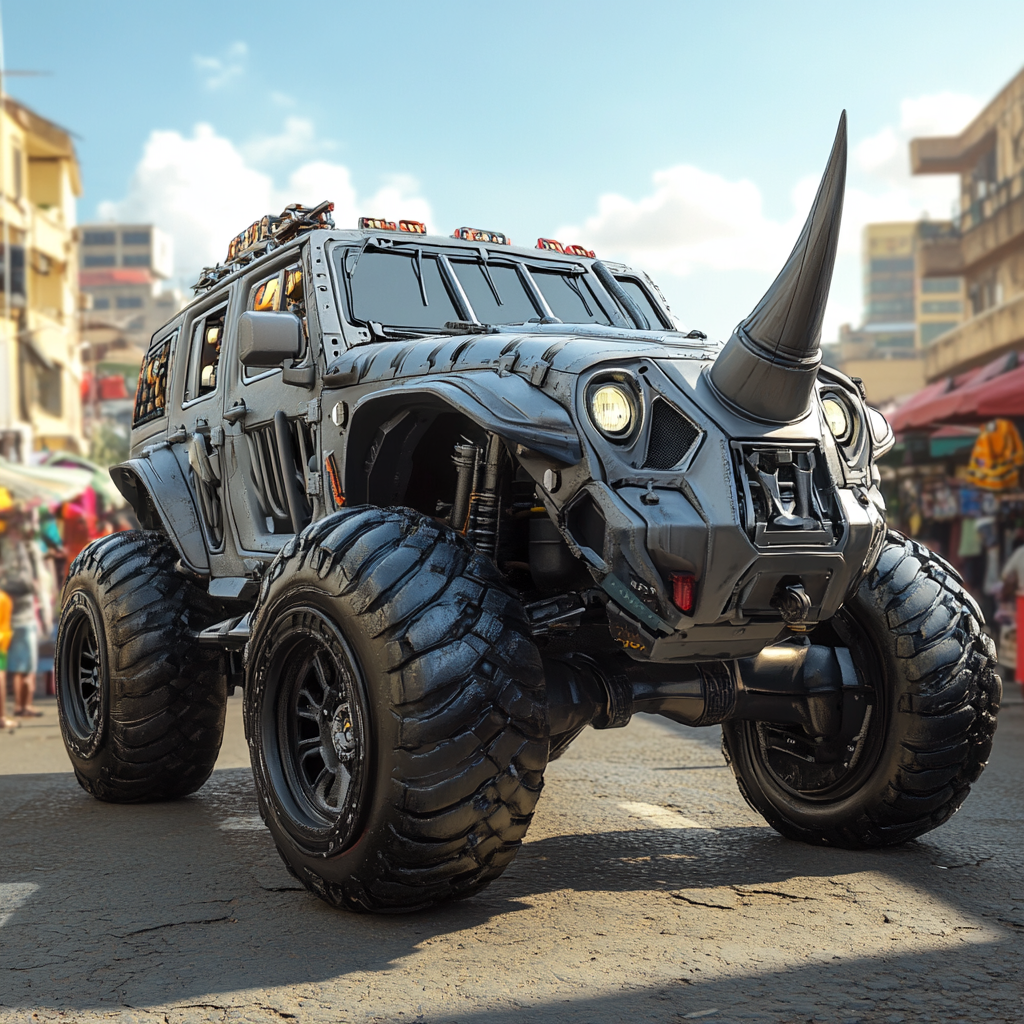 Bionic Rhino-Jeep Creature in Urban Nairobi Street