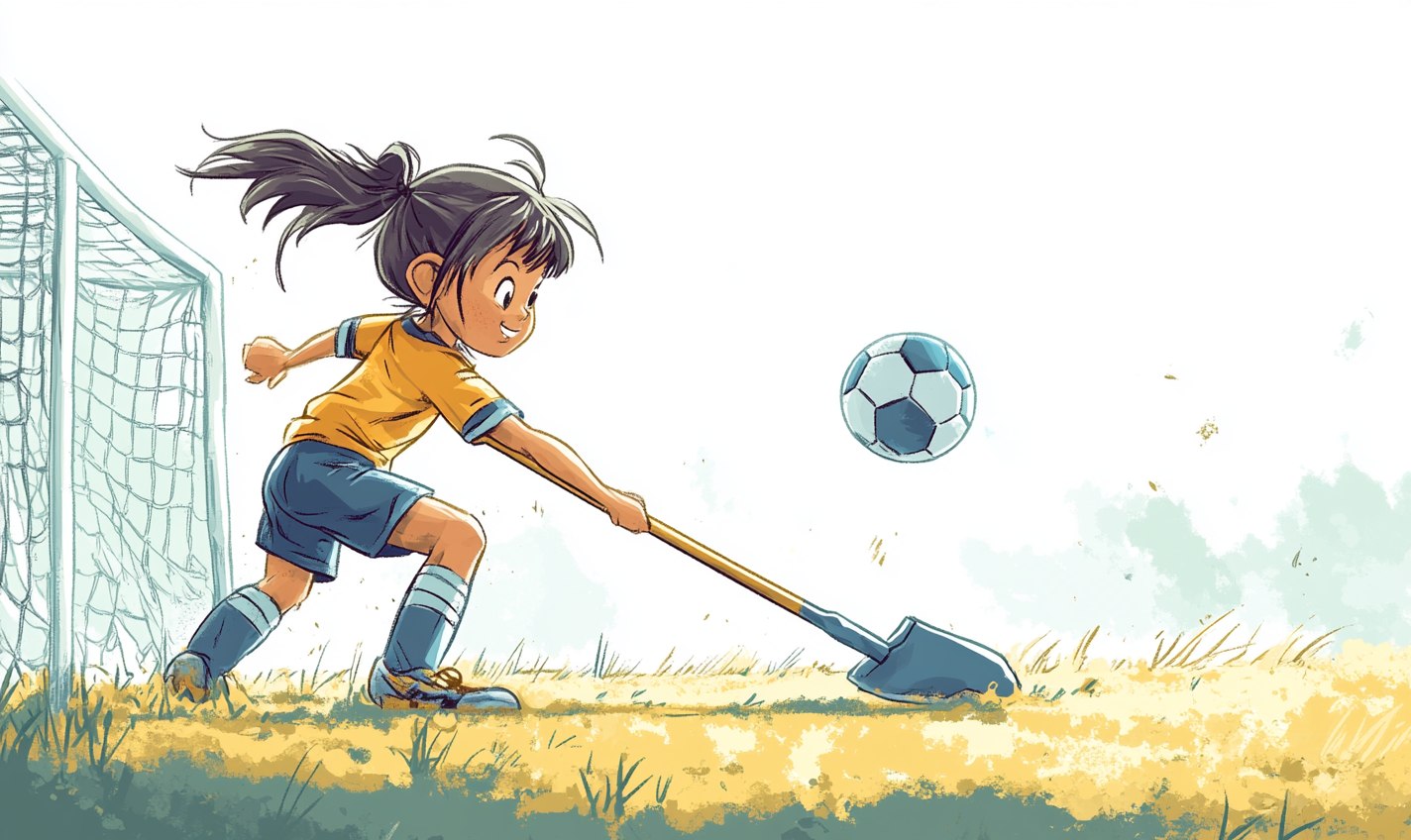 Biracial girl guards soccer goal with shovel, cartoon style 