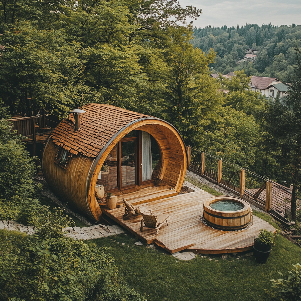 Bird's Eye View of Cozy Romanian Cottage with Wooden Jacuzzi