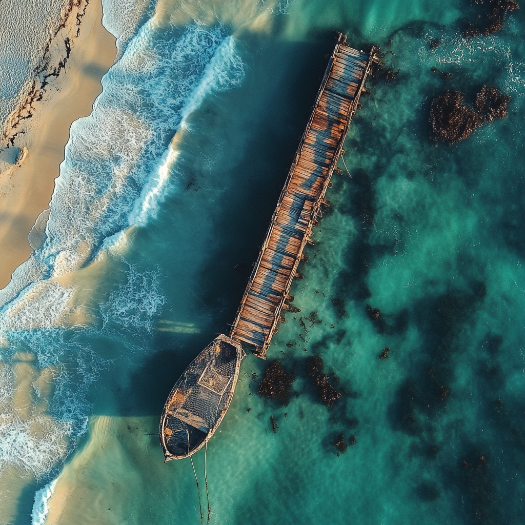 Bird's eye view of serene seashore with old pier.