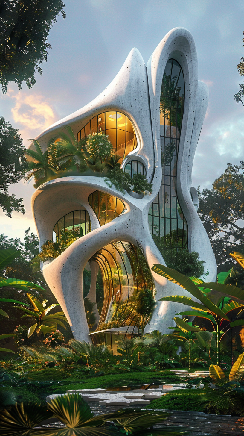 Bird-inspired building with wings, feathers, lush vegetation, practical shape.