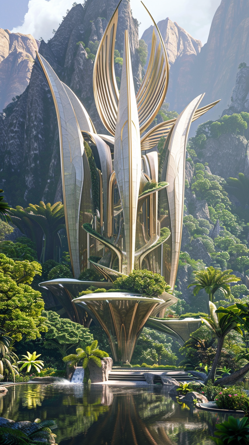 Bird-inspired fantasy building surrounded by lush vegetation, hyper realistic.