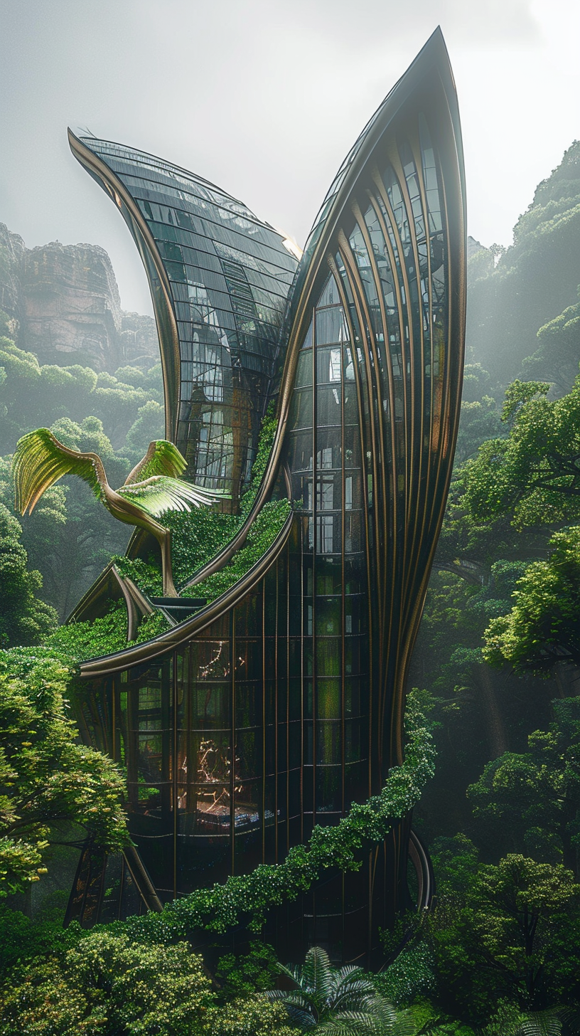 Bird-inspired futuristic building with lush vegetation, hyper realistic design.