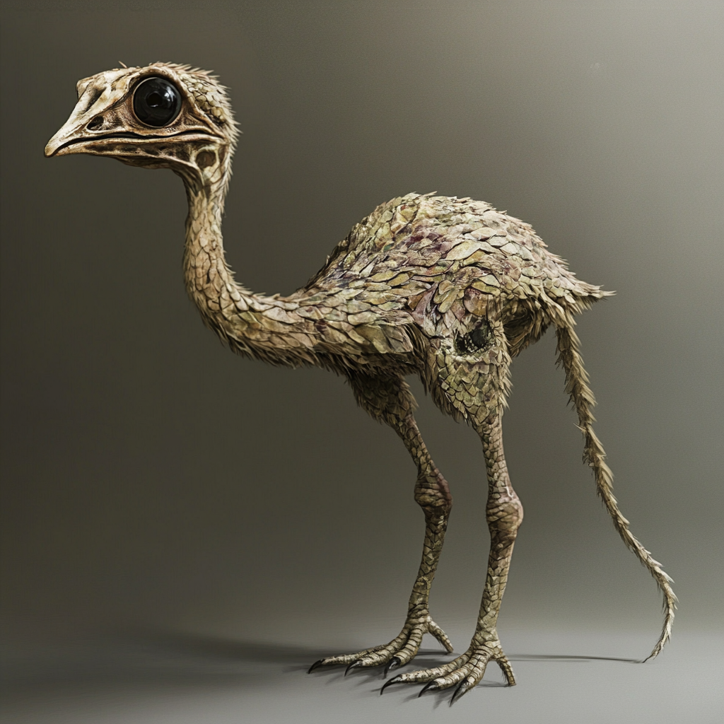 Bird-like creature with scales, ostrich shape, long neck.