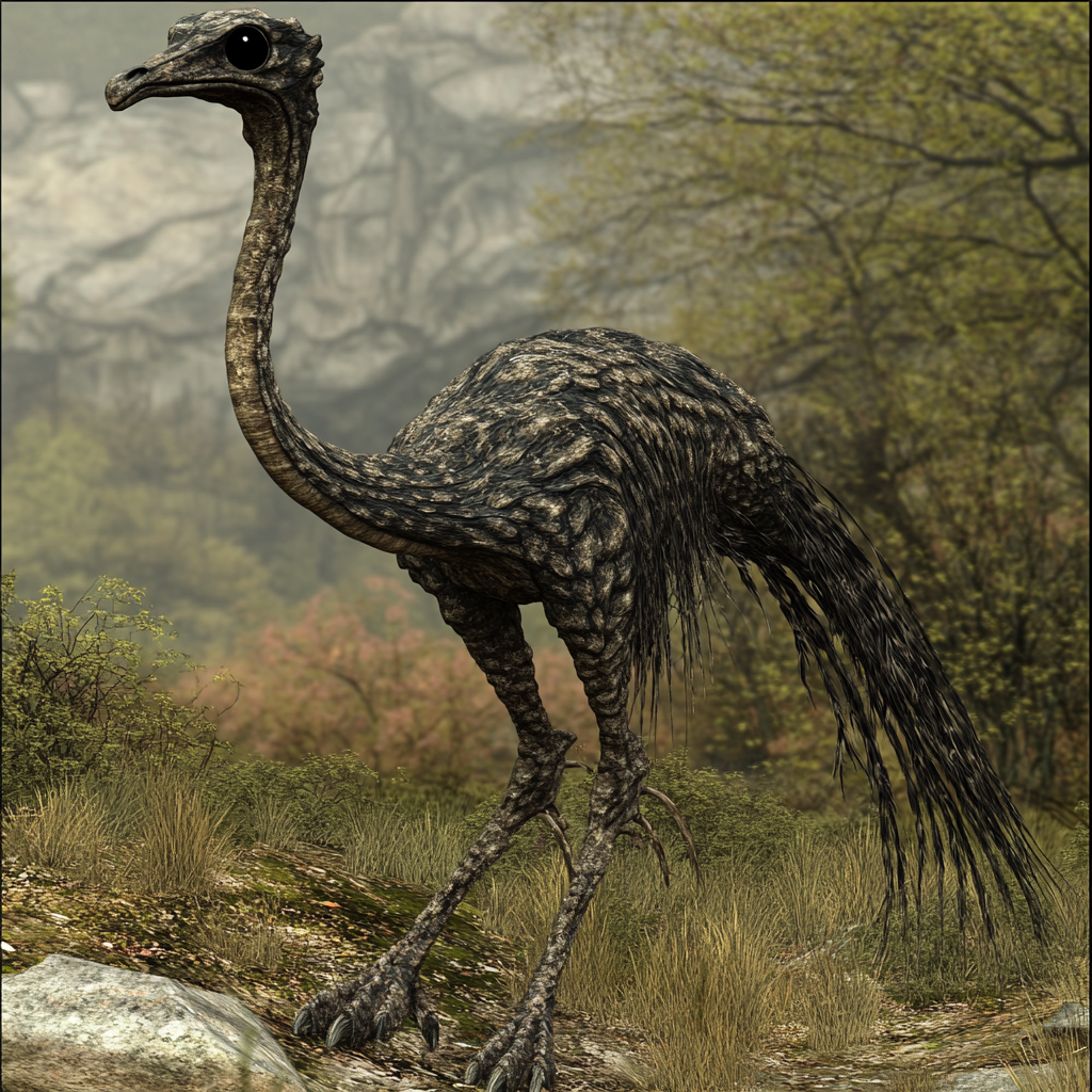 Bird-like creatures with scales, long neck, tail, beady eyes.