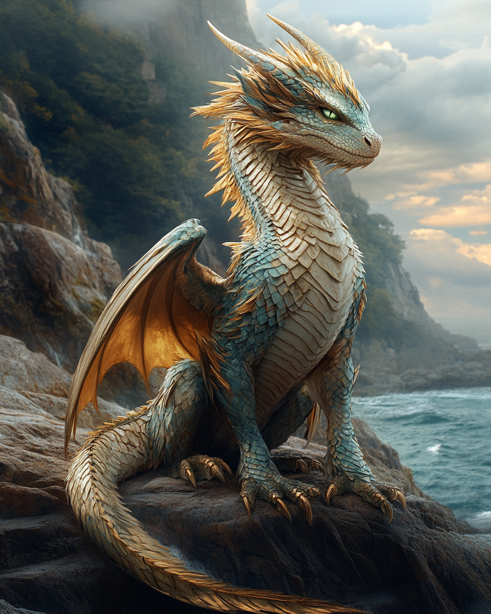 Bird-like dragon on cliff with green-gold scales and iridescent eyes.