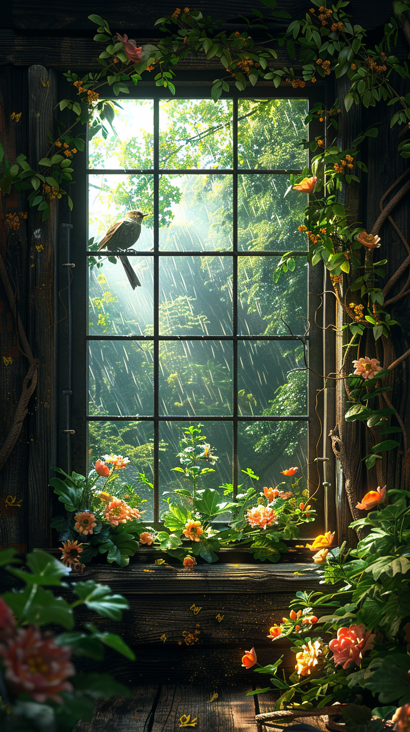 Bird on flower outside old window, raining jungle view.