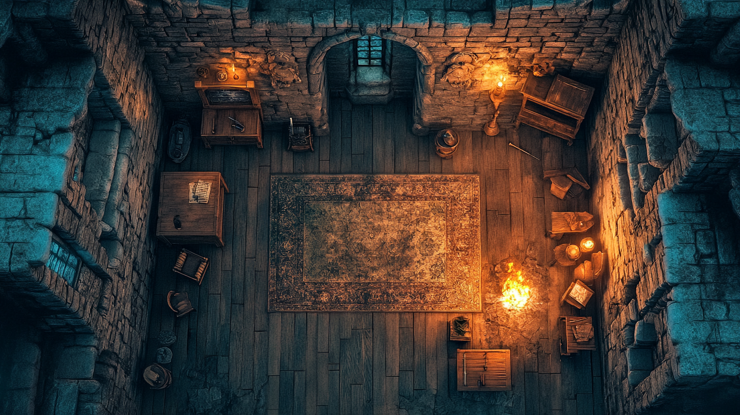 Birds eye view battle map dungeons dragons max 9 words.