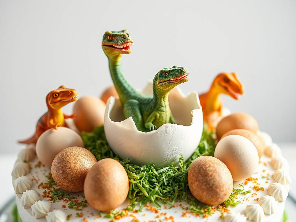 Birth of dinosaur from egg on birthday cake.