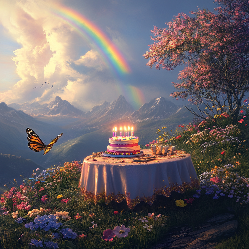 Birthday cake with candles. Rainbow in sky, flowers.