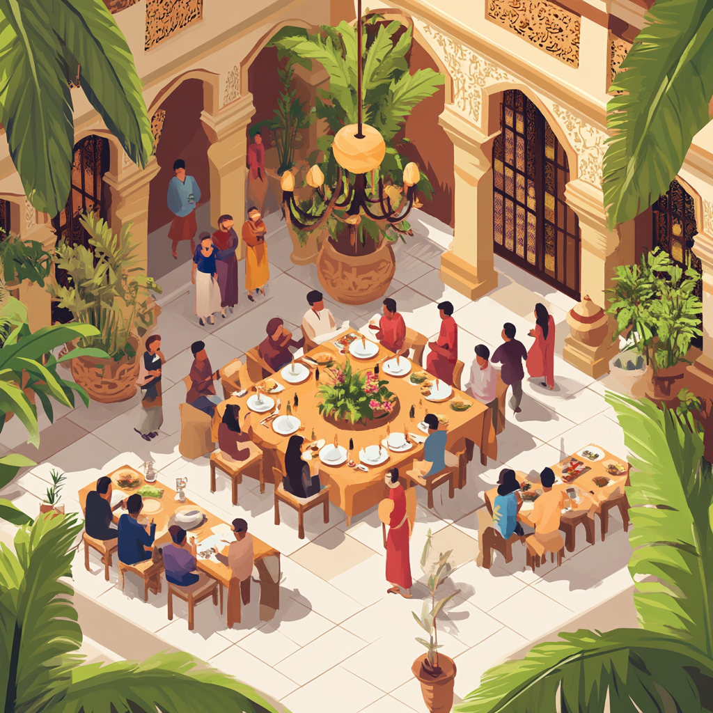 Birthday party in Bali restaurant, isometric city illustration