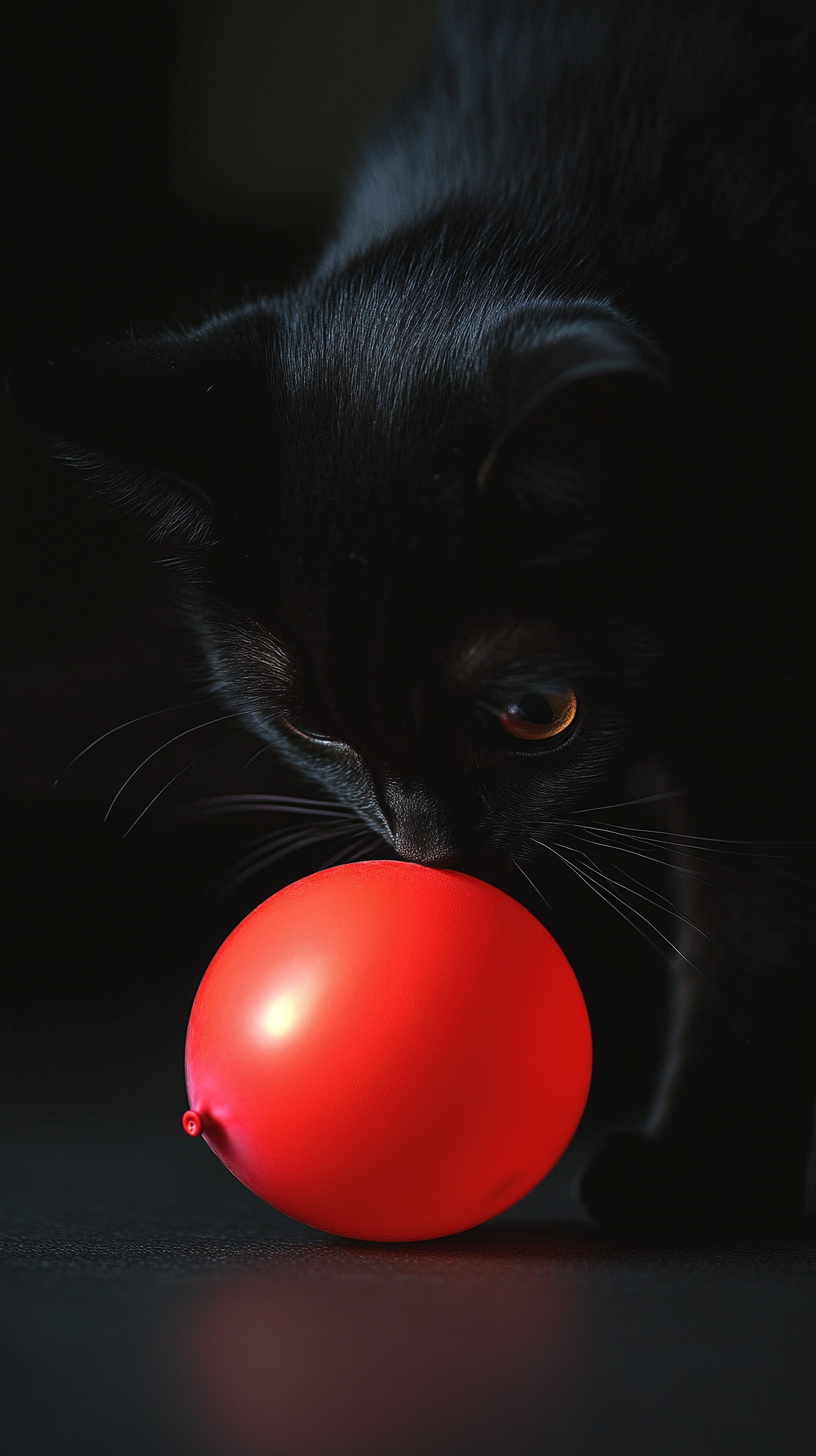 Black Cat Playing With Red Balloon In Dark Room