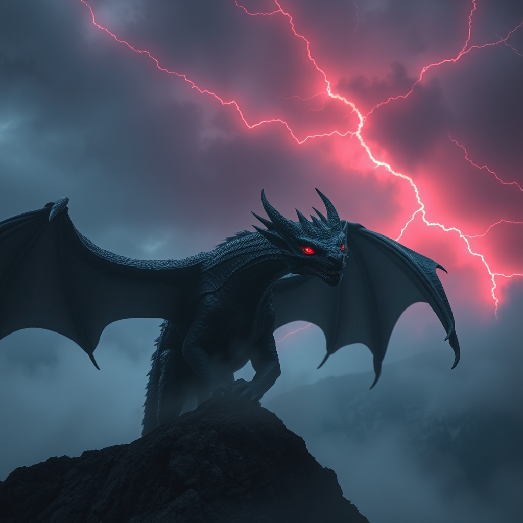 Black Dragon with Red Glowing Eyes in Stormy Sky