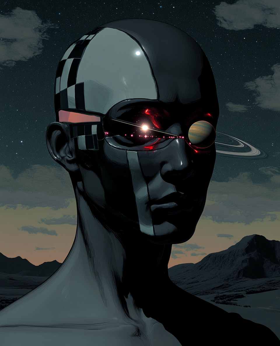 Black God with Saturn Eyes in Futuristic Landscape