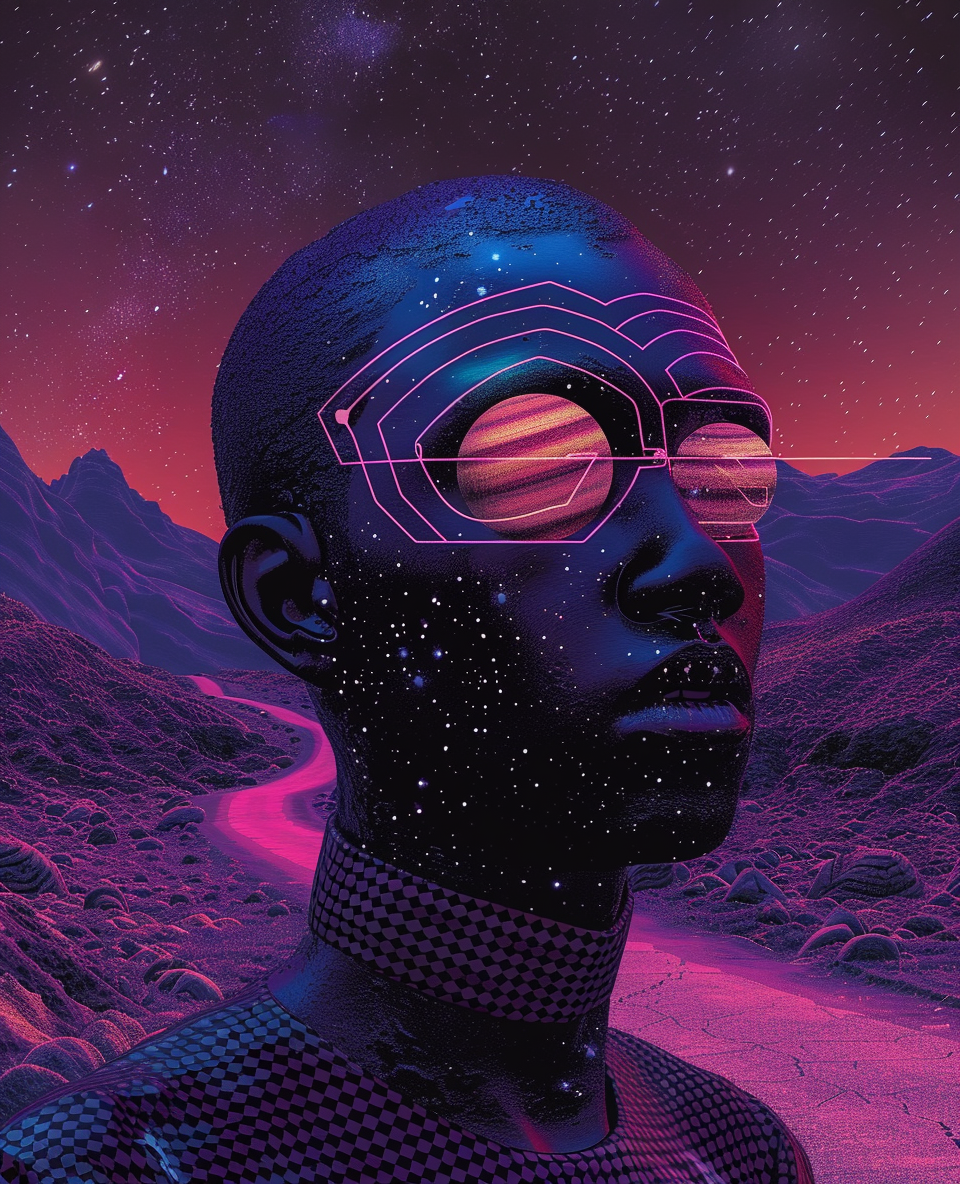 Black God with Saturn Eyes in Surreal Landscape