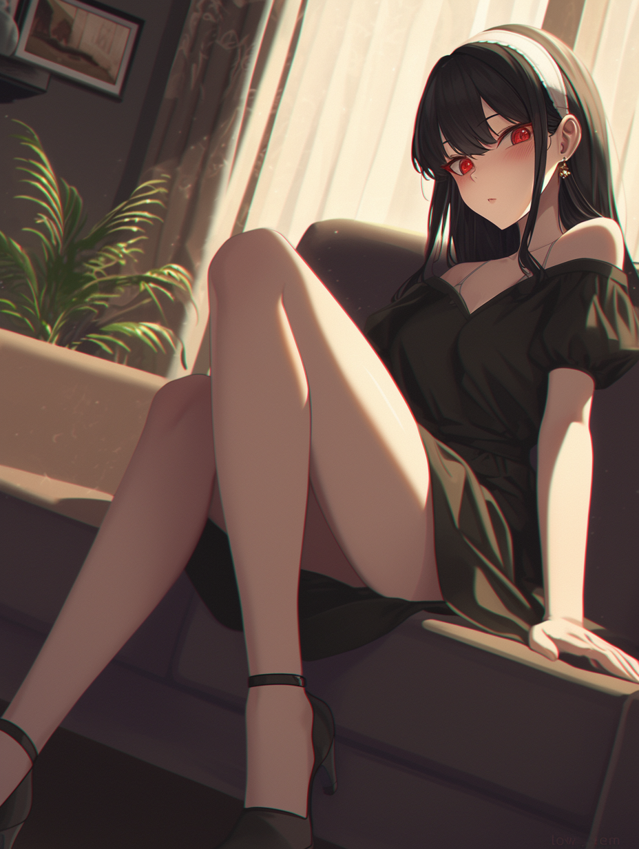 Black-Haired Anime Girl Sitting on Sofa Shiny Skin