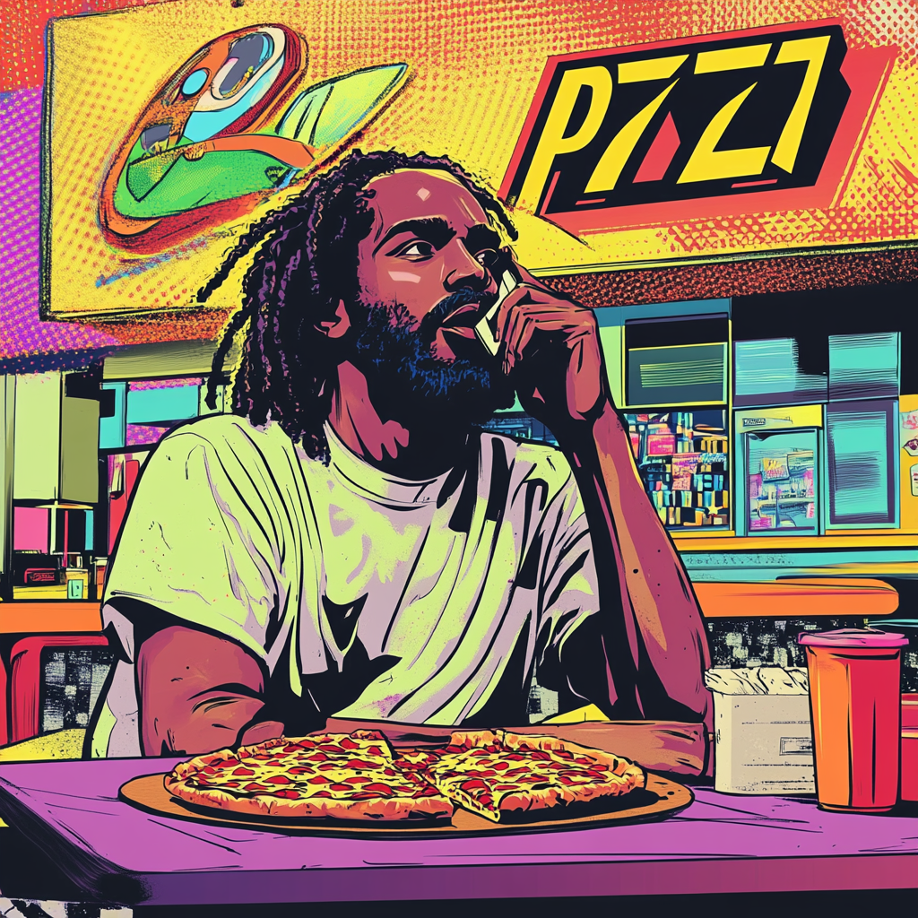 Black Jesus at Pizza Hut, enjoying a slice.