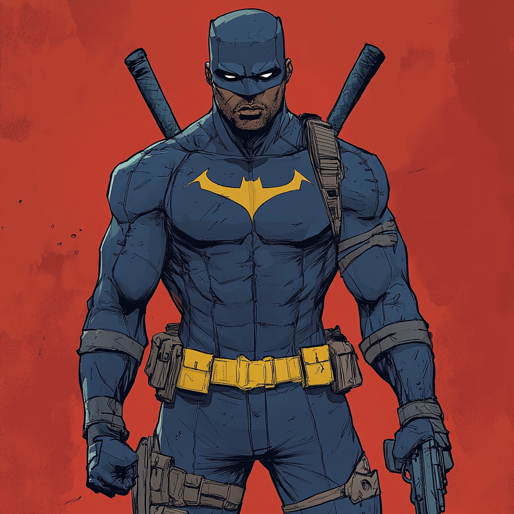 Black Man Superhero Character with Weapons, 2D Drawing 