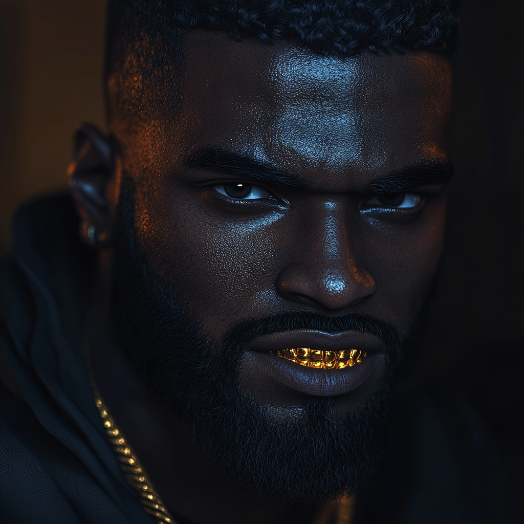 Black Man with Beard, Gold Grill, Mafia Style