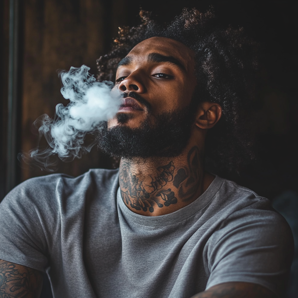 Black Man with Tattoos and Smoke in Gray T-shirt 