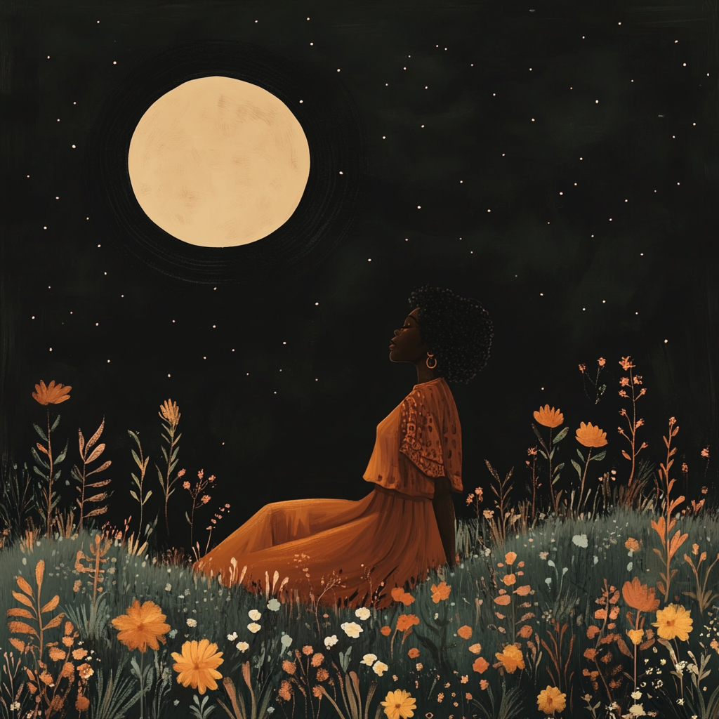 Black Moon: Tarot Card Illustration of Woman on Hill