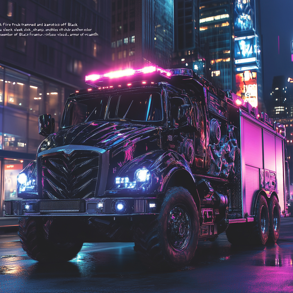 Black Panther themed fire truck glows with purple hues.