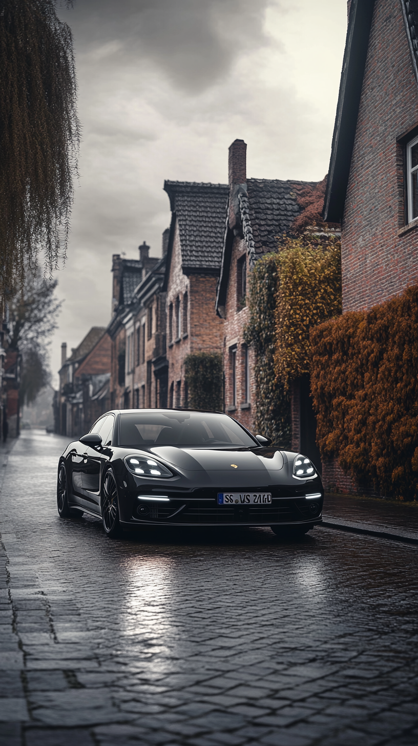 Black Porsche Panamera gliding through quaint town streets.