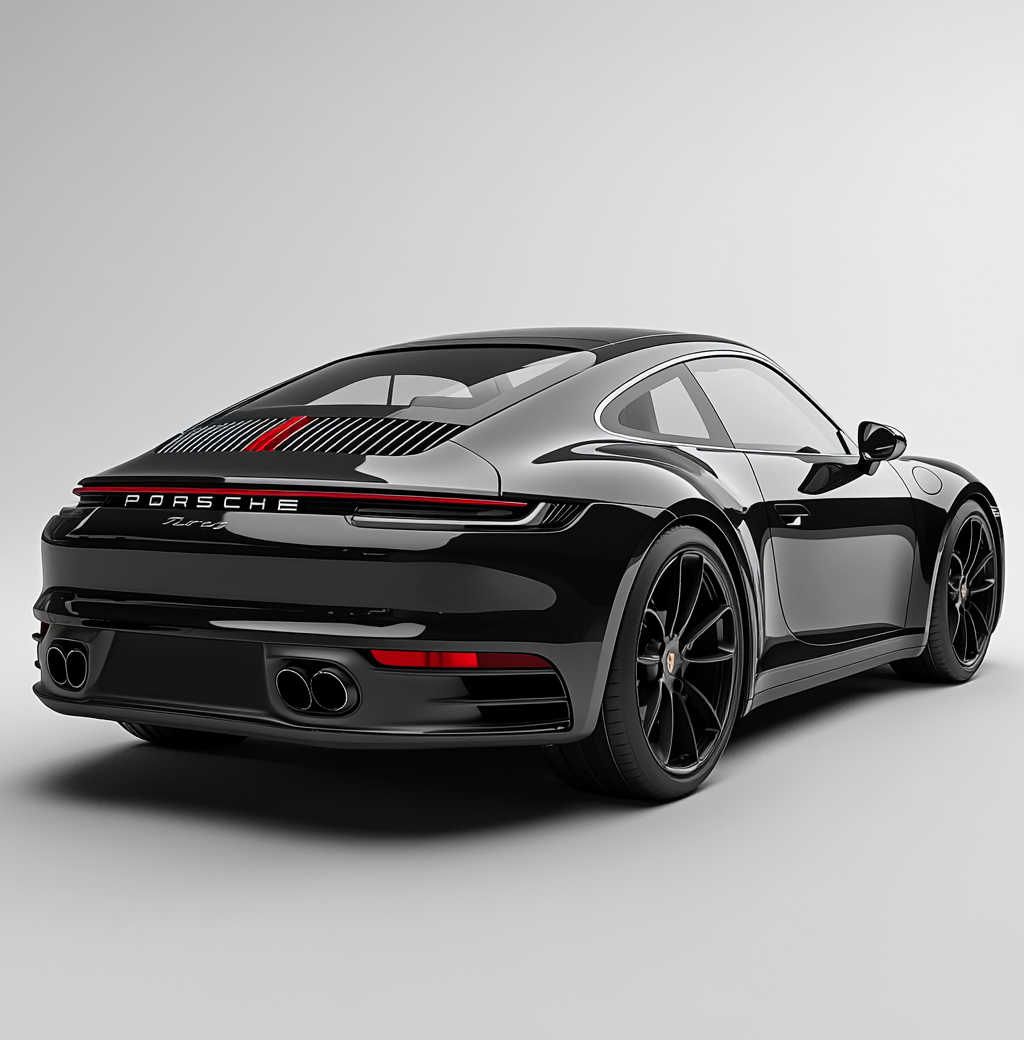 Black Porsche car in white studio, high detail