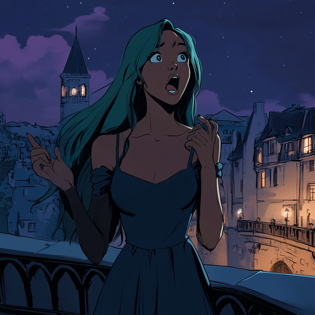 Black Princess in Blue Gown on Castle Balcony