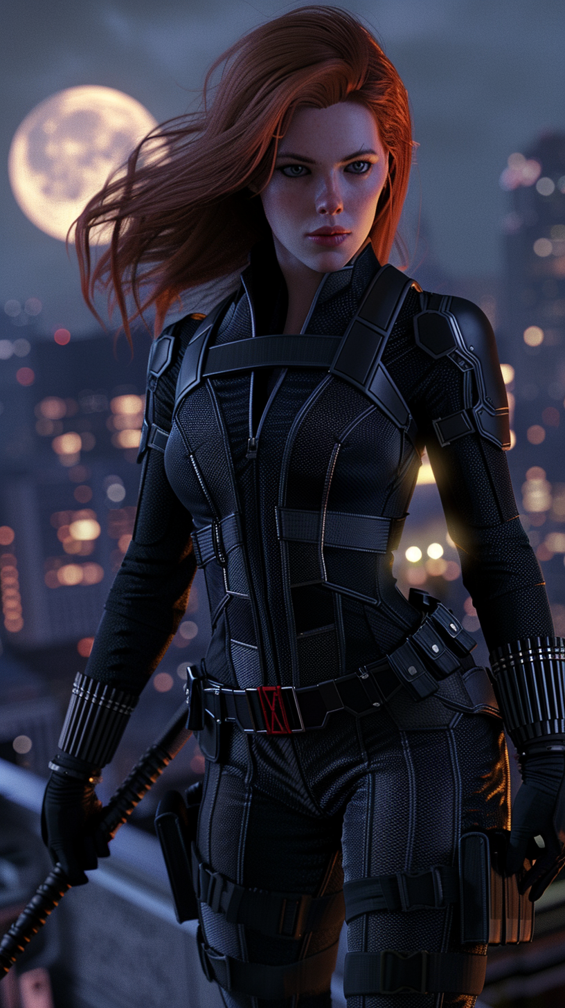 Black Widow standing on rooftop with batons in hand.