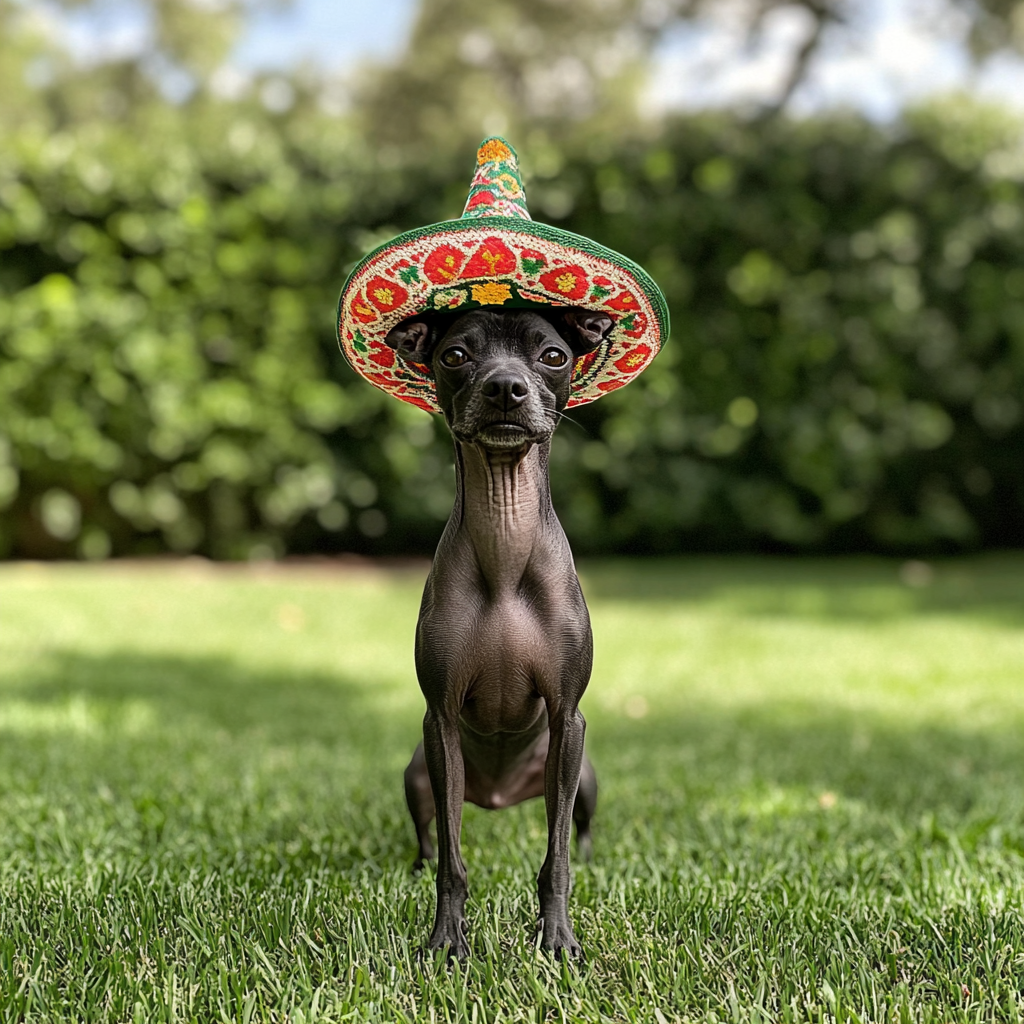 Black Xoloitzcuintli in Mexican hat on lawn with stone