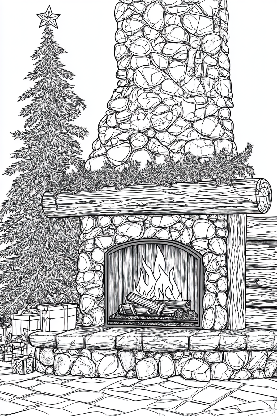 Black and White Christmas Cabin Fireplace Scene