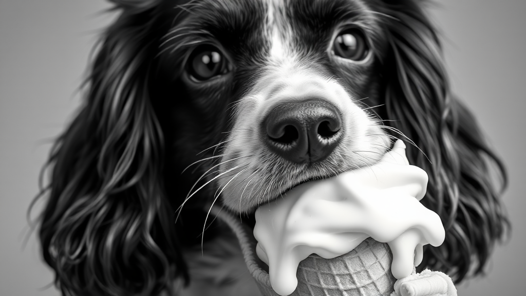 Black and White Cocker Spaniel Dog with Ice Cream