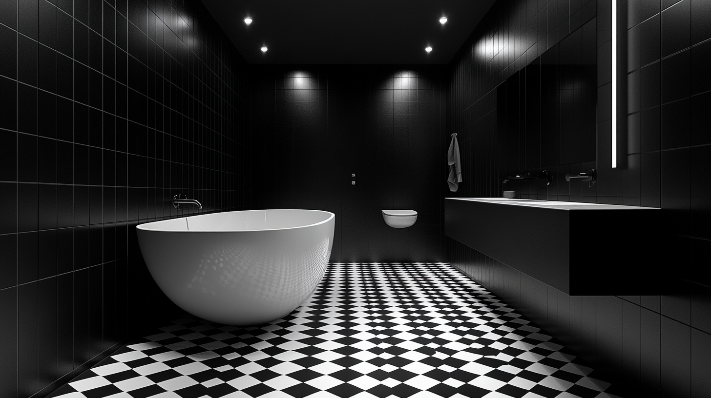 Black and White Monochrome bathroom with geometric tile design.