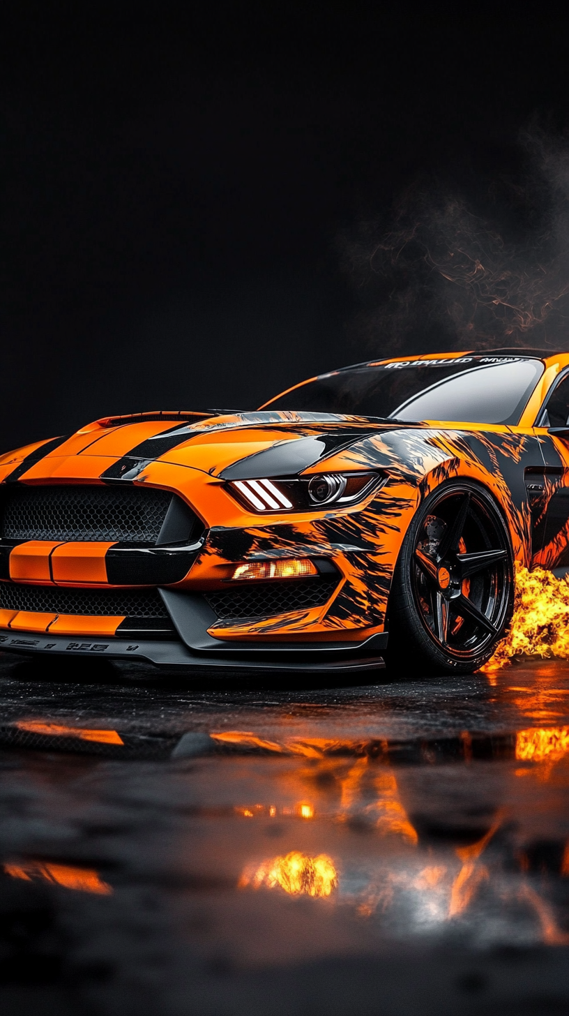 Black and burnt orange modified custom bodykit Ford Mustang.