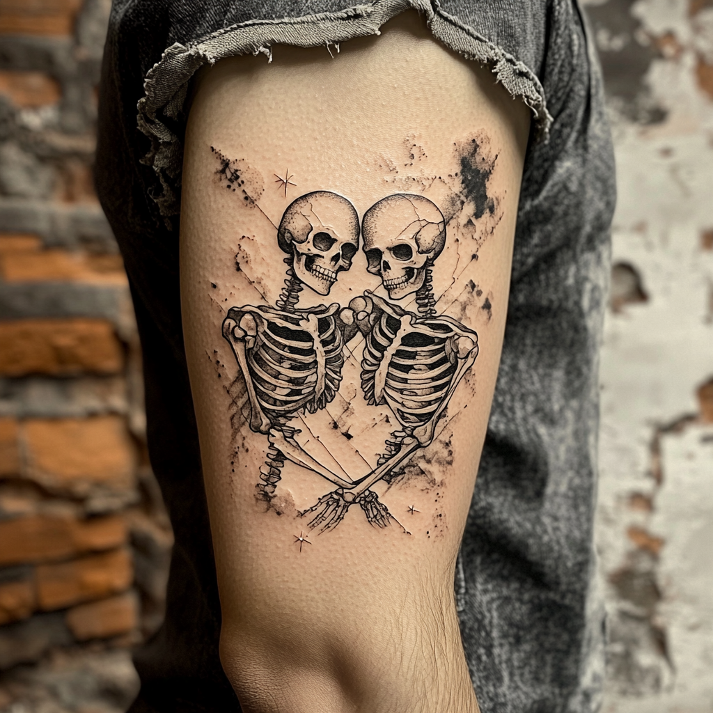 Black and grey tattoo design of intertwined skeletons in love.