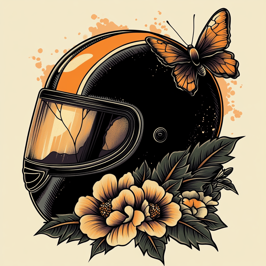 Black and orange motorcycle helmet with cracked visor.