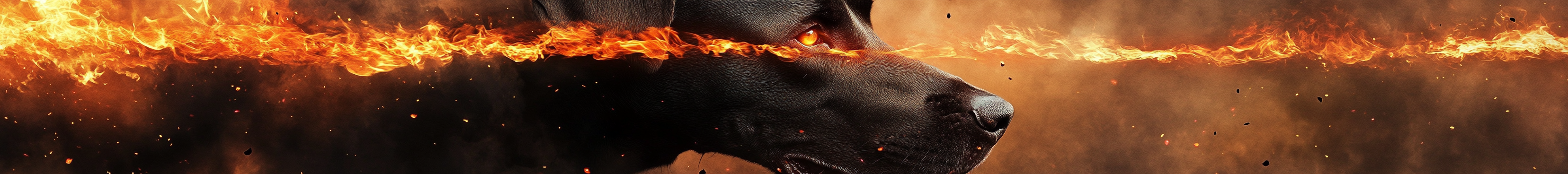 Black and red Doberman with fiery powers, glowing eyes.