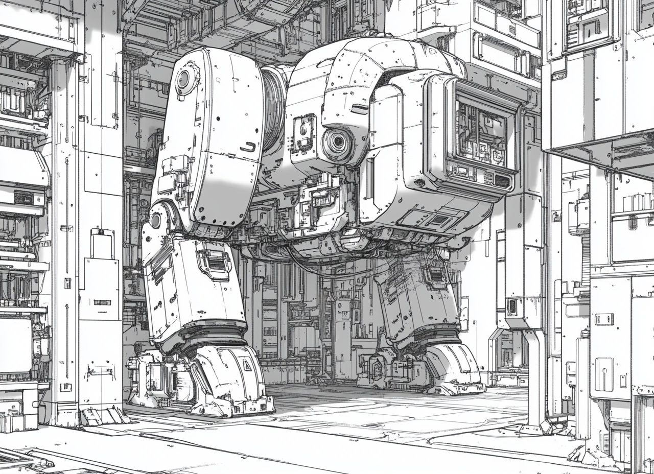 Black and white Japanese warehouse robot coloring page.