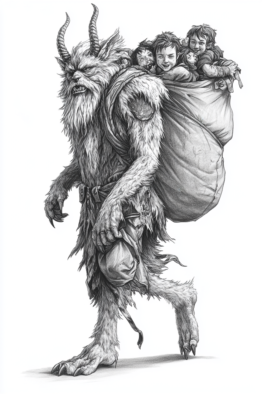 Black and white Krampus concept art design sheet.