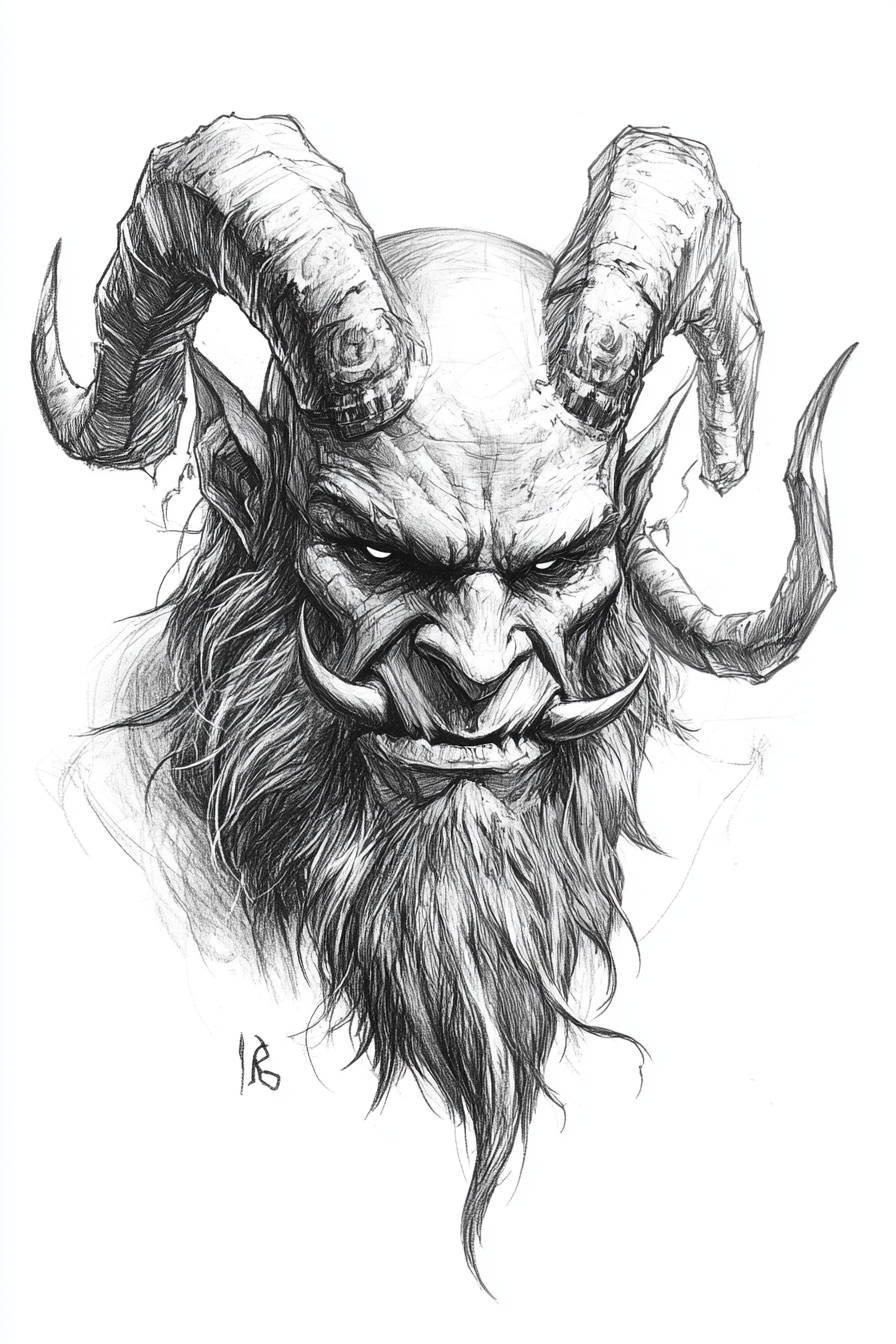 Black and white Krampus fantasy concept art portrait.